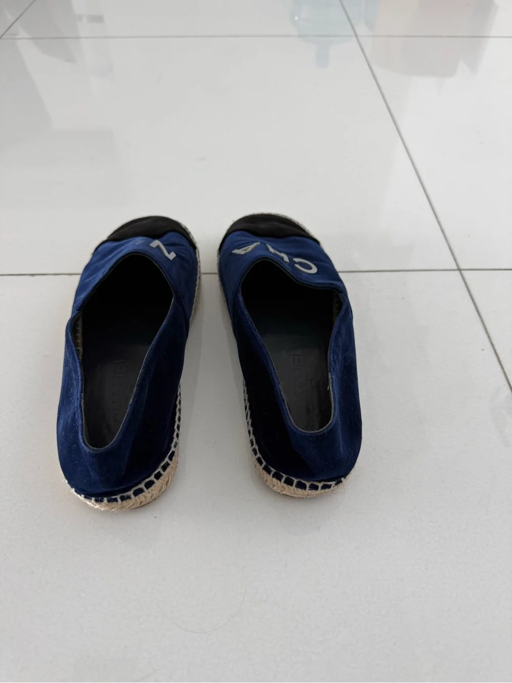 CHANEL Navy Velvet Espadrilles with Black Toe Cap and White Lettering